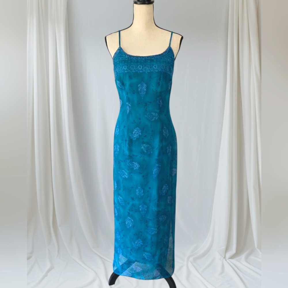 Vtg All That Jazz Blue Floral Paisley Fairy Side Slits Maxi Dress Size Small